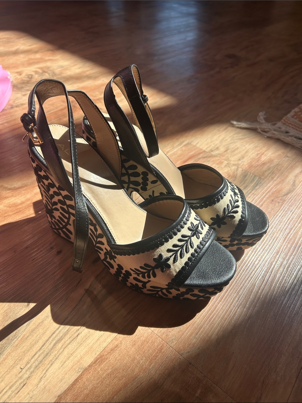 Aldo Black and Cream Embroidered Wedge Sandals